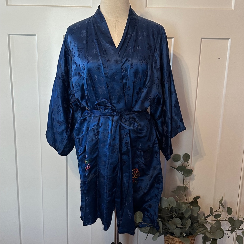 Vintage Esme Women's embroidered dragon embossed Chinese blue L pure silk robe - Picture 2 of 14